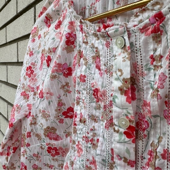 Talbots Petite Ruffle Pintuck Blouse MP White Pink Floral Cotton Cottagecore - Picture 5 of 10